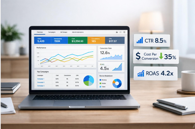 Google Ads and PPC advertising campaign dashboard showing paid search performance and analytics