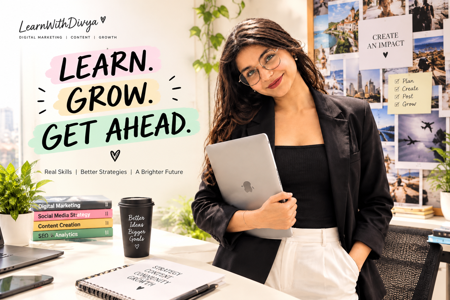 LearnWithDivya blog cover featuring a woman holding a tablet in a bright creative workspace.