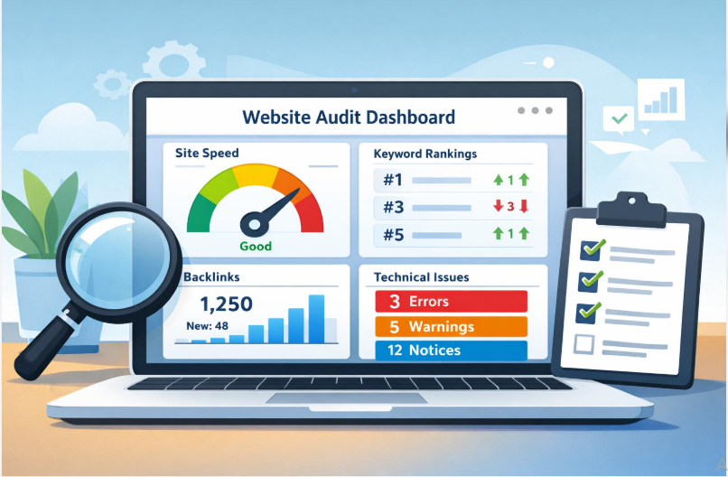 SEO analytics dashboard showing keyword rankings, website traffic, and search performance